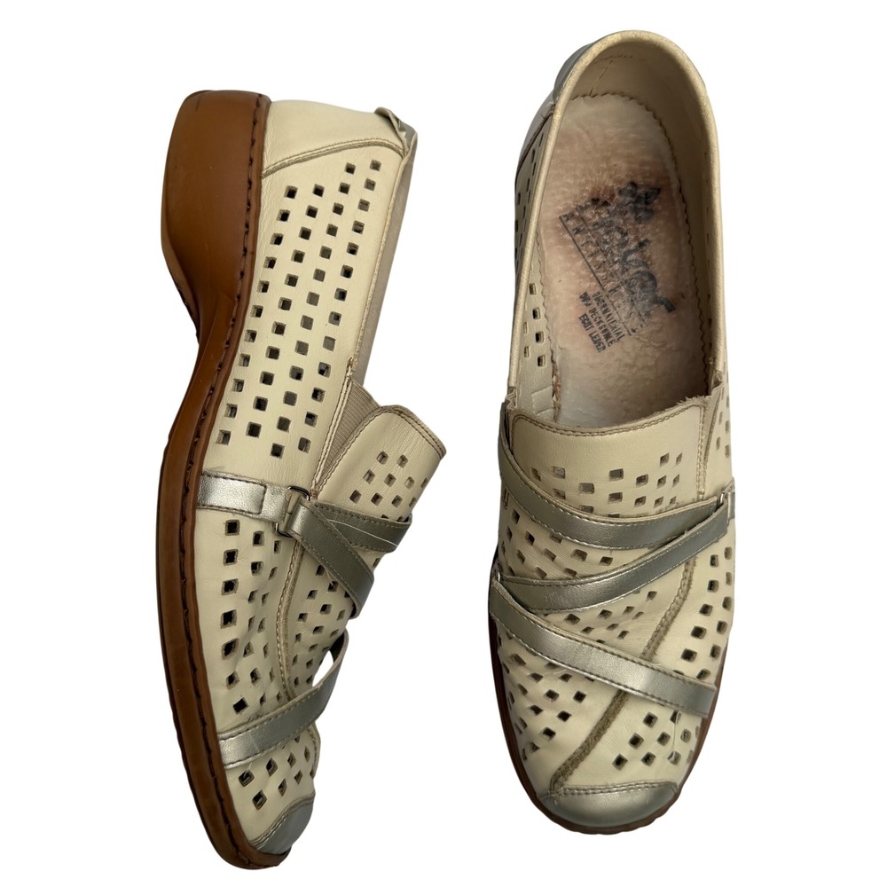 Rieker Antistress Perforated Loafers Cream Silver Boho Comfort Shoes Size 42